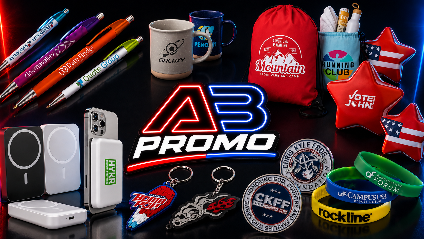 Branded promotional products collage: pens, mugs, umbrellas, caps, keychains and branded drinkware
